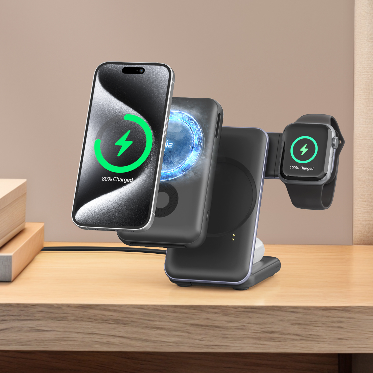 凍能充 3 in 1 磁吸無線行動充電座✅「充電座Ｘ行動電源」一機雙充模式✅首創「18℃低溫快充」主動降溫模組，充比不充還涼✅Qi2 提供iPhone、Android手機高效快充 ✅支援「三星手錶、蘋果手錶」充電 ✅同時為 行動電源／手機／耳機／手錶 充電